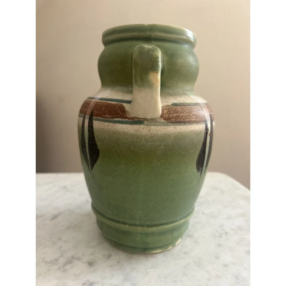 Vintage Made In Japan Art Pottery Handled Vase Roseville Monticello Style 7 1/2